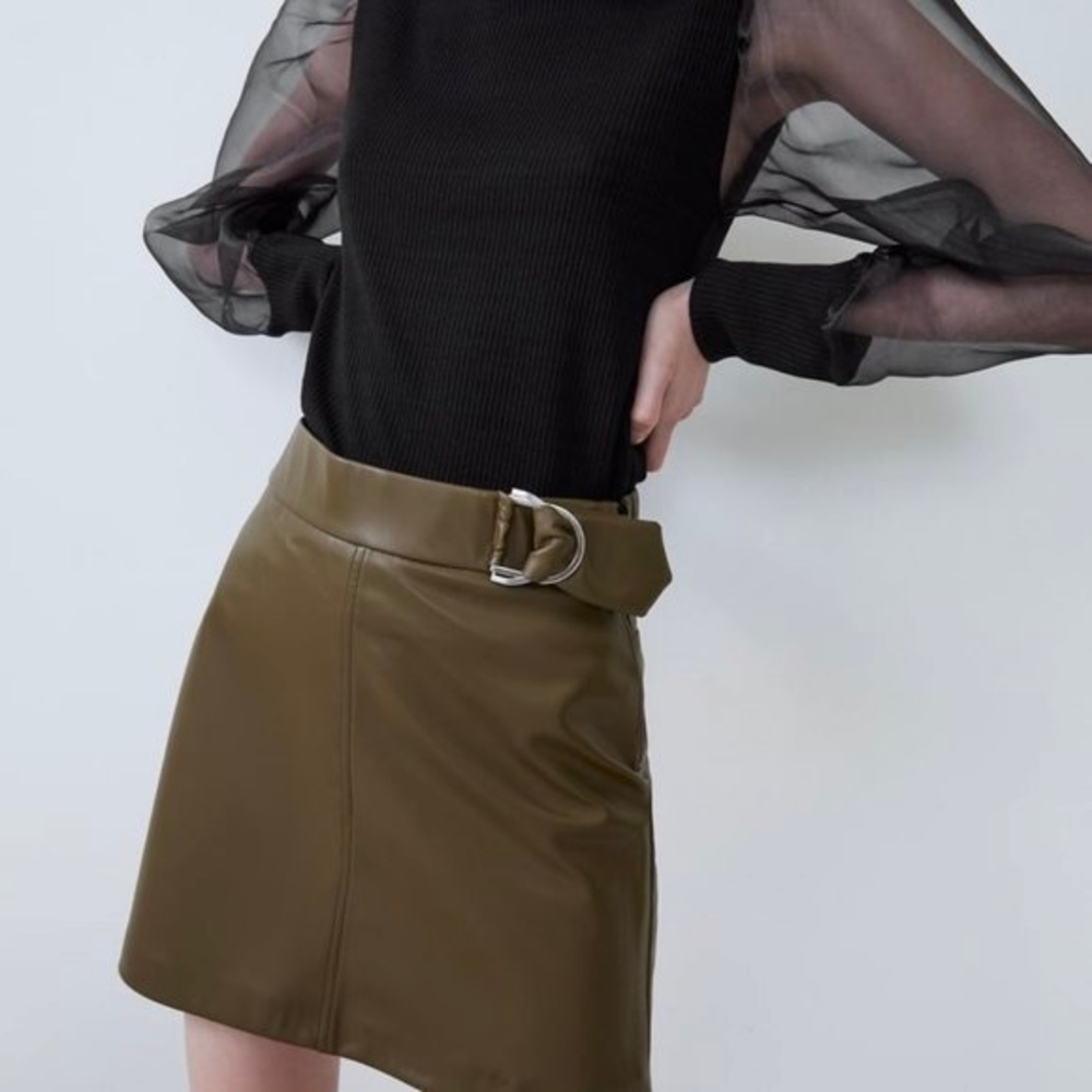 Zara Faux Leather Olive Army Green Mini Skirt large